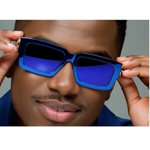 Blue Shinny Mirror Reflective Sunglasses Gold Accent Designer Fashion Shades Hot